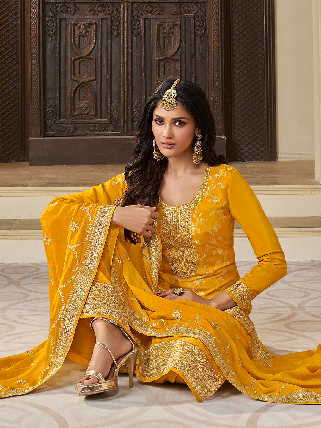 Yellow Chinon Floral Jacquard Embroidered Top with Palazzo Suit Set