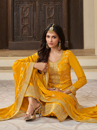 Yellow Chinon Floral Jacquard Embroidered Top with Palazzo Suit Set