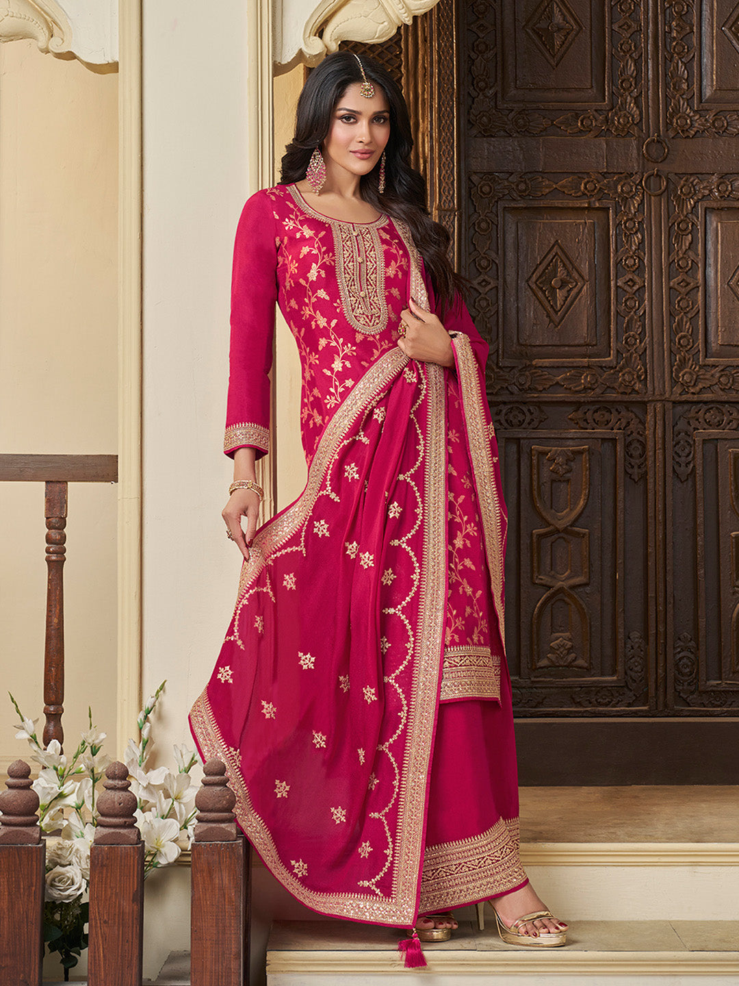 Pink Chinon Floral Jacquard Embroidered Top with Palazzo Suit Set