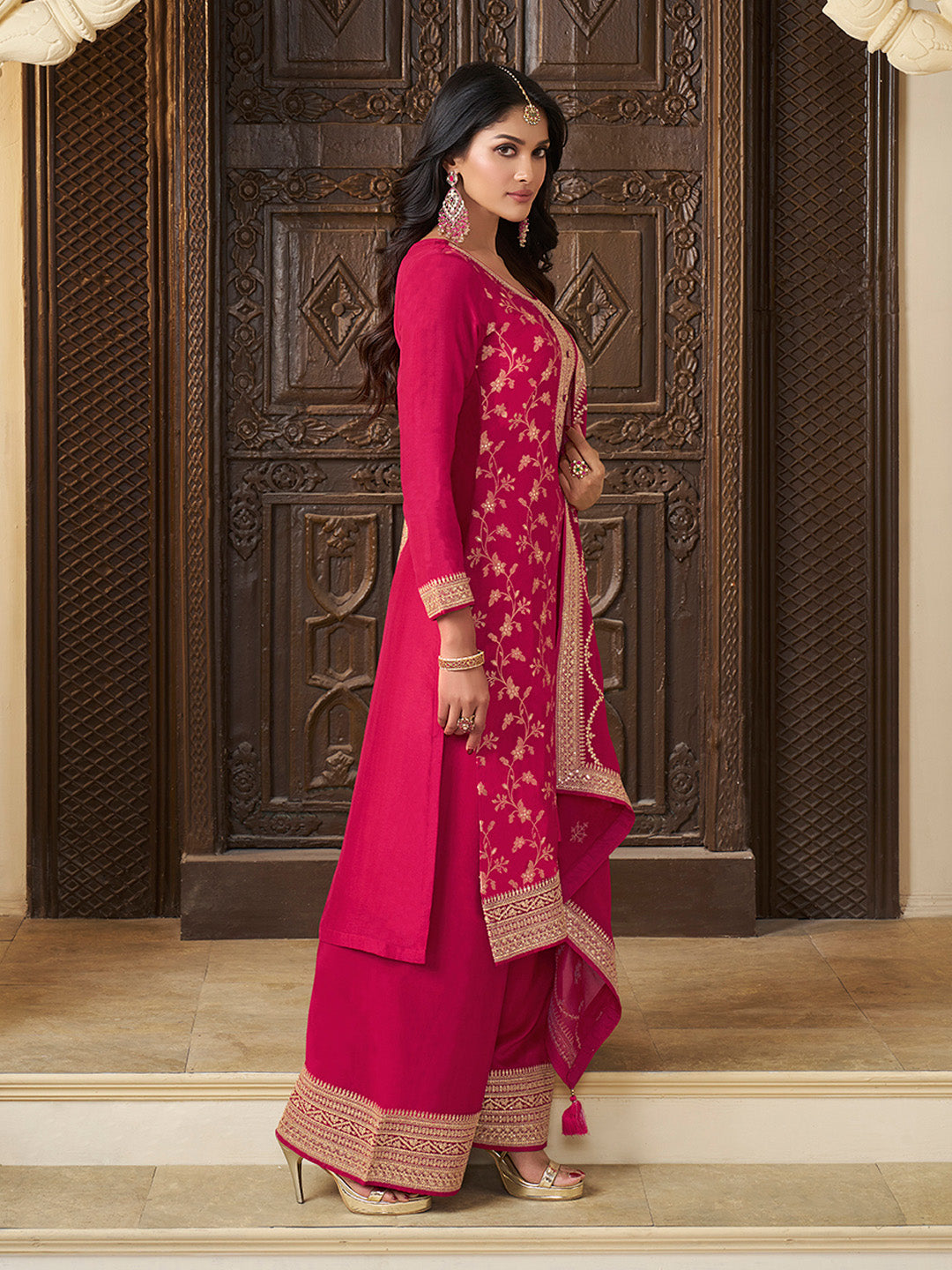 Pink Chinon Floral Jacquard Embroidered Top with Palazzo Suit Set
