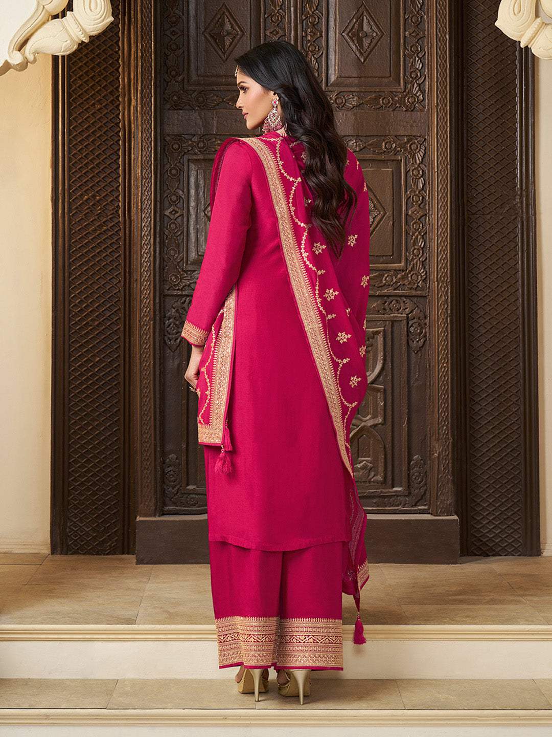 Pink Chinon Floral Jacquard Embroidered Top with Palazzo Suit Set