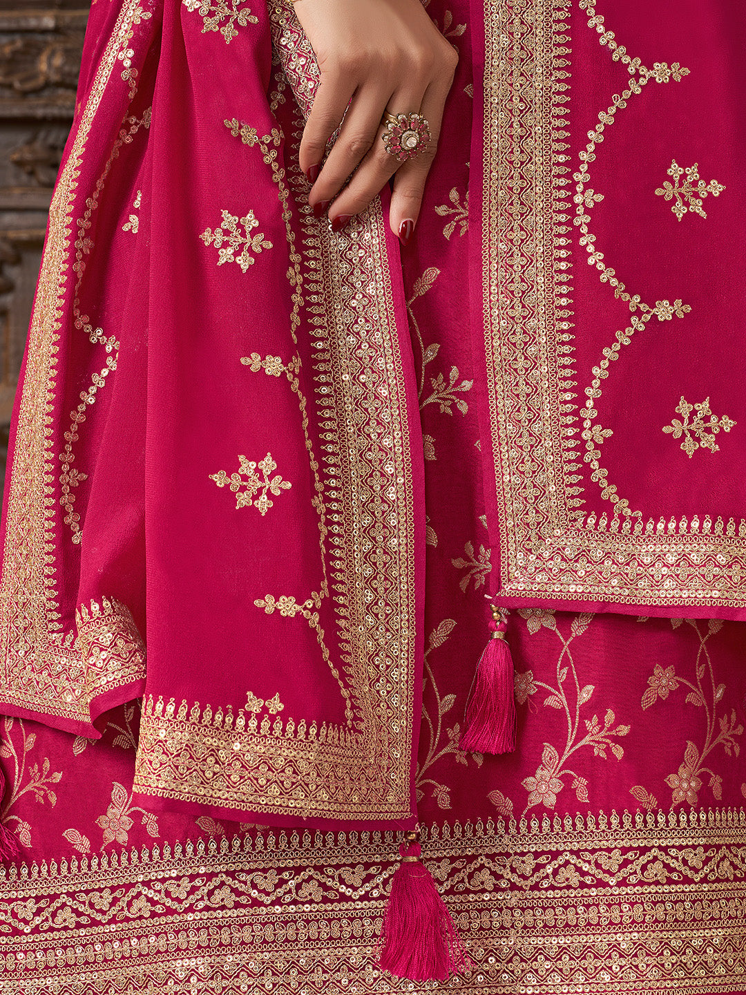 Pink Chinon Floral Jacquard Embroidered Top with Palazzo Suit Set