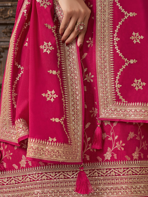 Pink Chinon Floral Jacquard Embroidered Top with Palazzo Suit Set