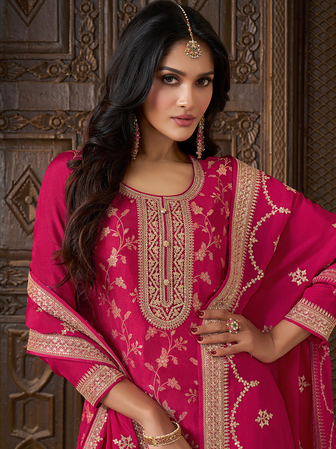Pink Chinon Floral Jacquard Embroidered Top with Palazzo Suit Set