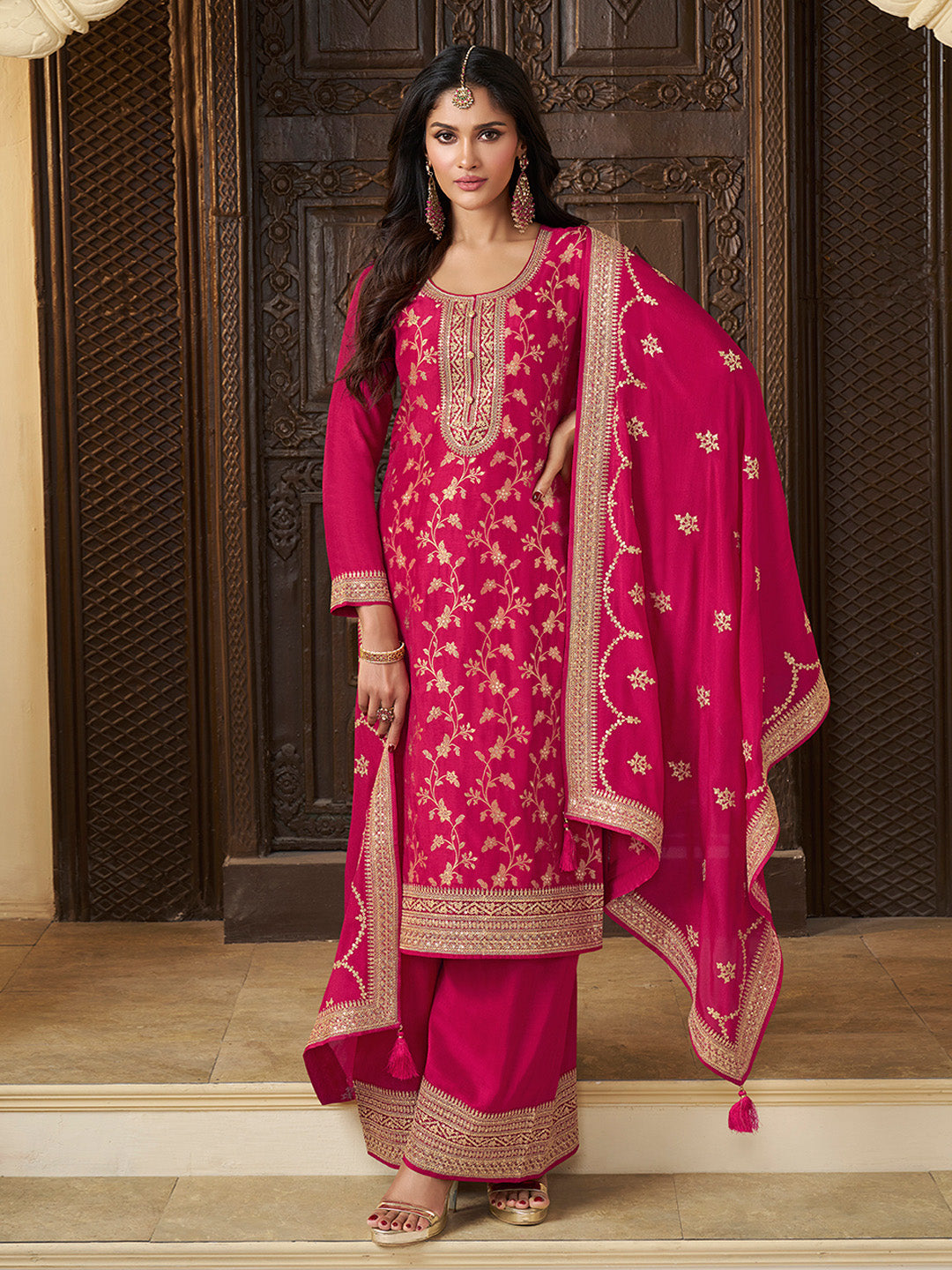 Pink Chinon Floral Jacquard Embroidered Top with Palazzo Suit Set