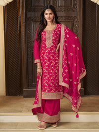 Pink Chinon Floral Jacquard Embroidered Top with Palazzo Suit Set