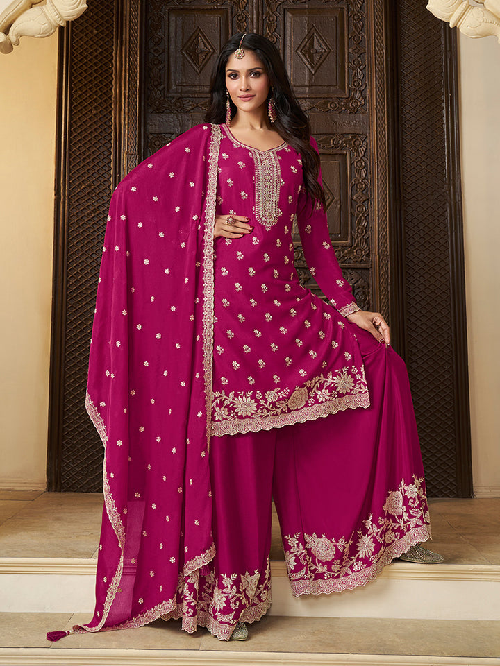 Pink Chinon Top with Thread Embroidery and Sharara Suit Set