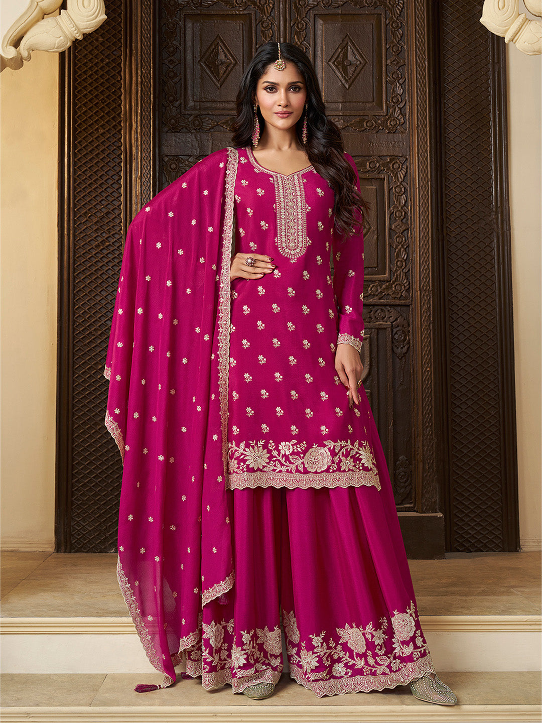 Pink Chinon Top with Thread Embroidery and Sharara Suit Set