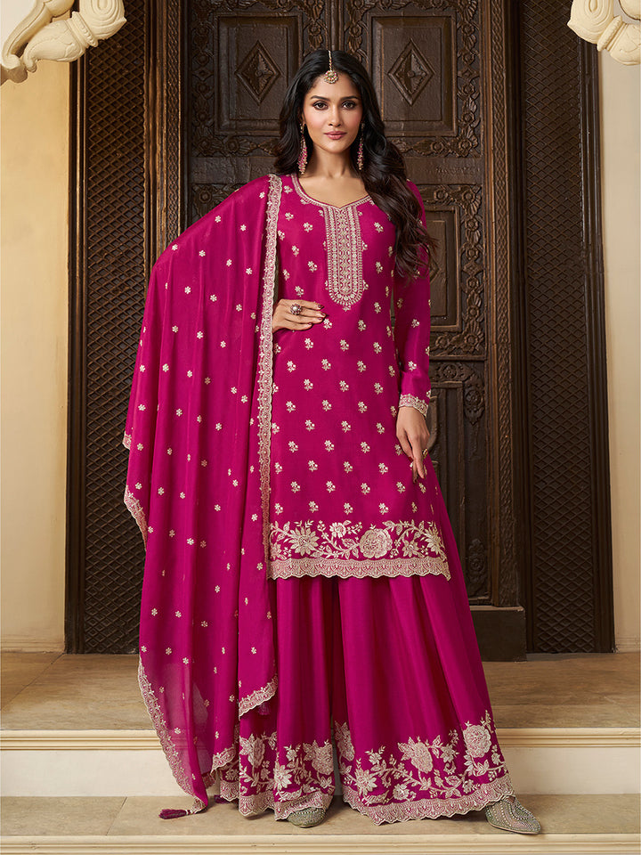 Pink Chinon Top with Thread Embroidery and Sharara Suit Set