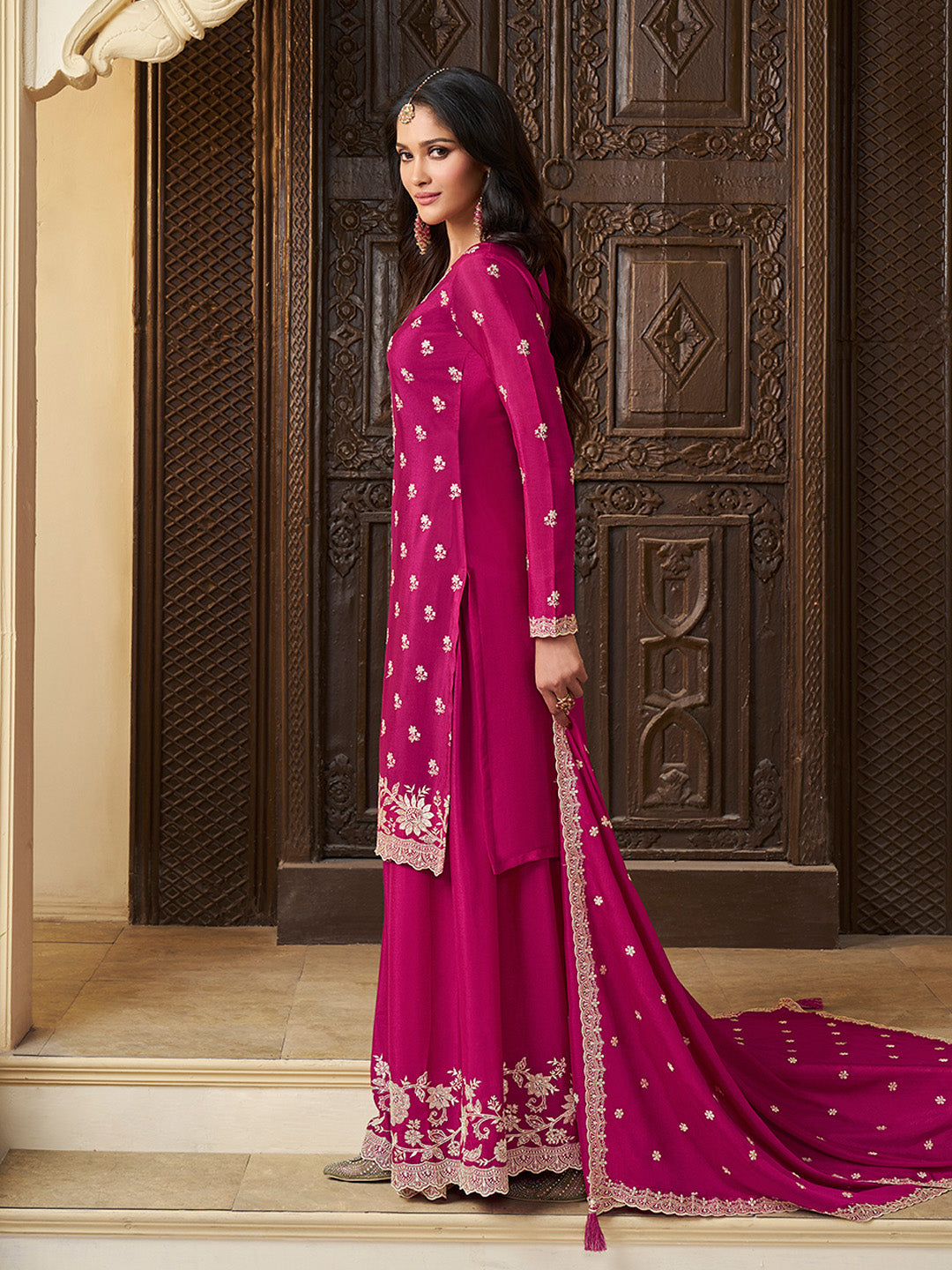 Pink Chinon Top with Thread Embroidery and Sharara Suit Set