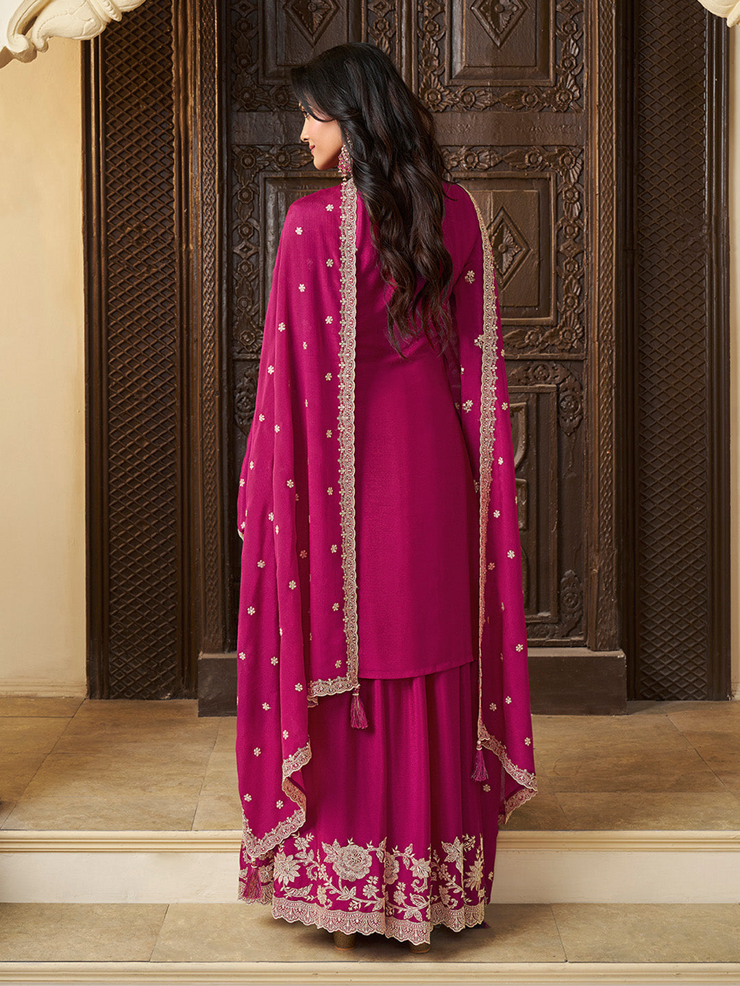 Pink Chinon Top with Thread Embroidery and Sharara Suit Set