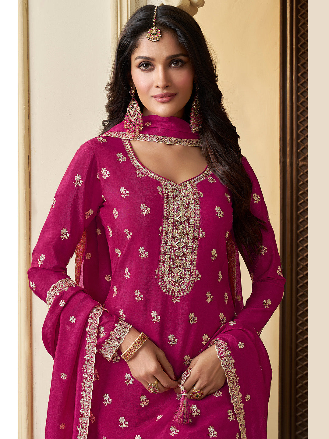 Pink Chinon Top with Thread Embroidery and Sharara Suit Set