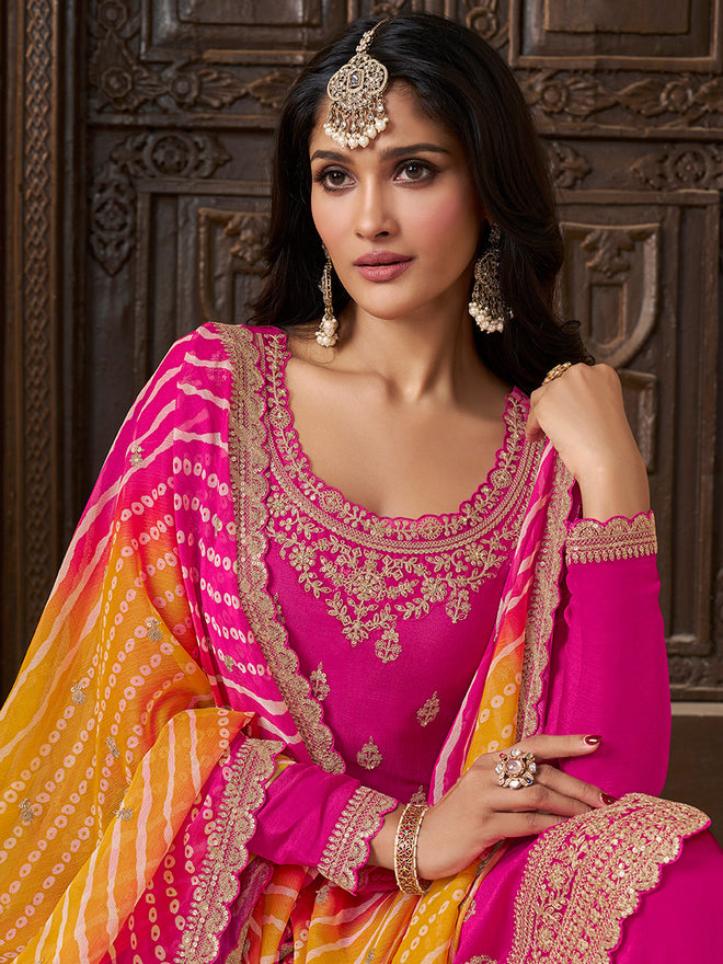 Pink Chinon Embroidered Top with Matching Sharara and Dupatta Suit Set