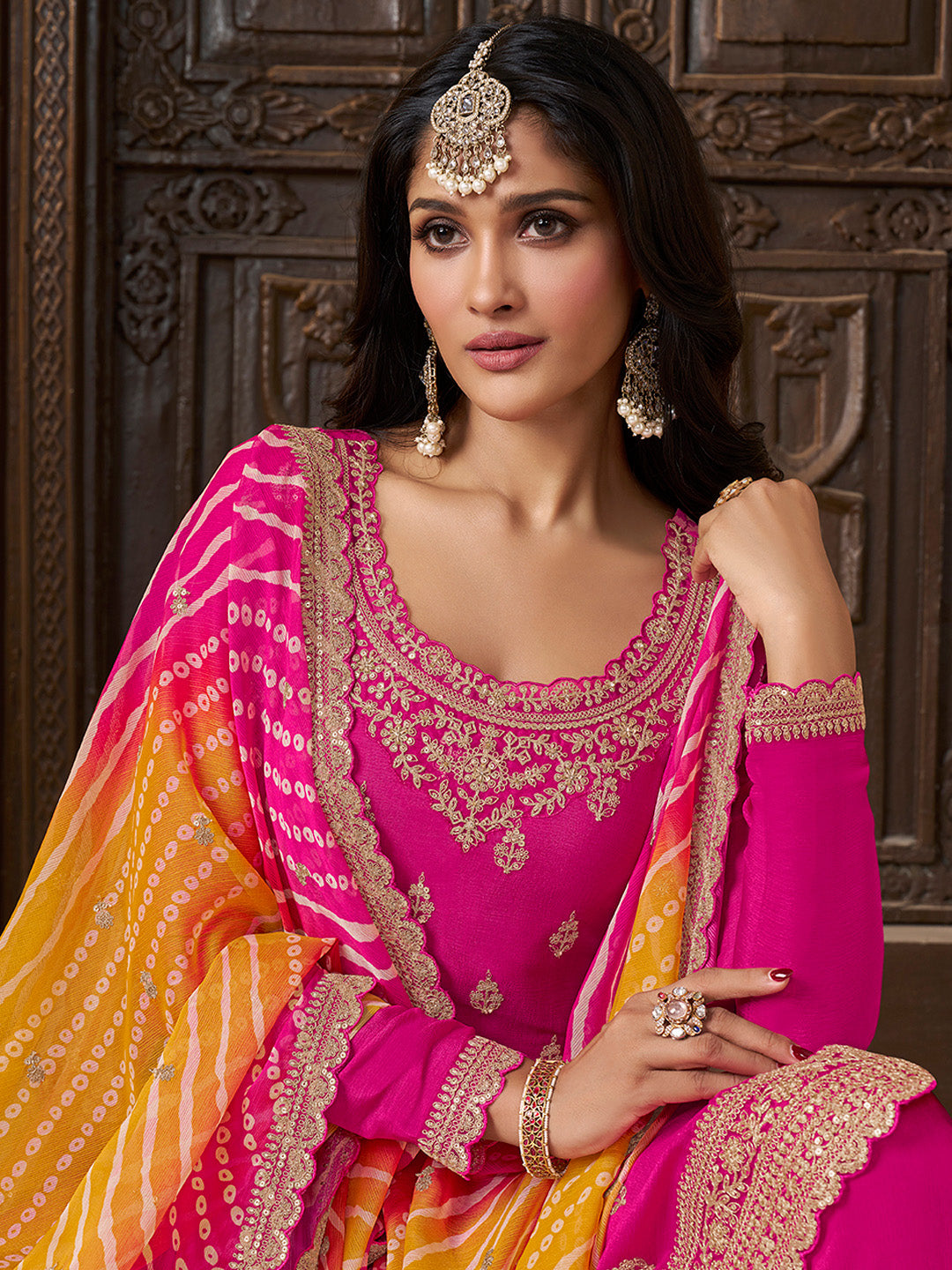Pink Chinon Embroidered Top with Matching Sharara and Dupatta Suit Set