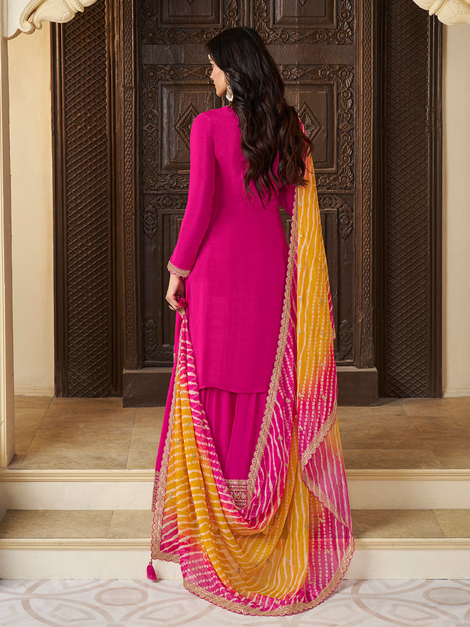 Pink Chinon Embroidered Top with Matching Sharara and Dupatta Suit Set