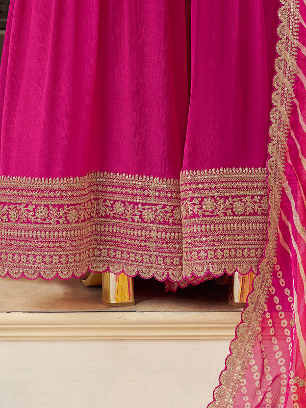 Pink Chinon Embroidered Top with Matching Sharara and Dupatta Suit Set
