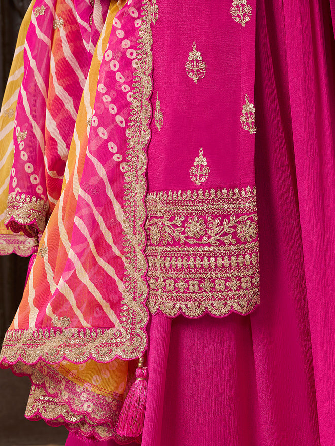 Pink Chinon Embroidered Top with Matching Sharara and Dupatta Suit Set