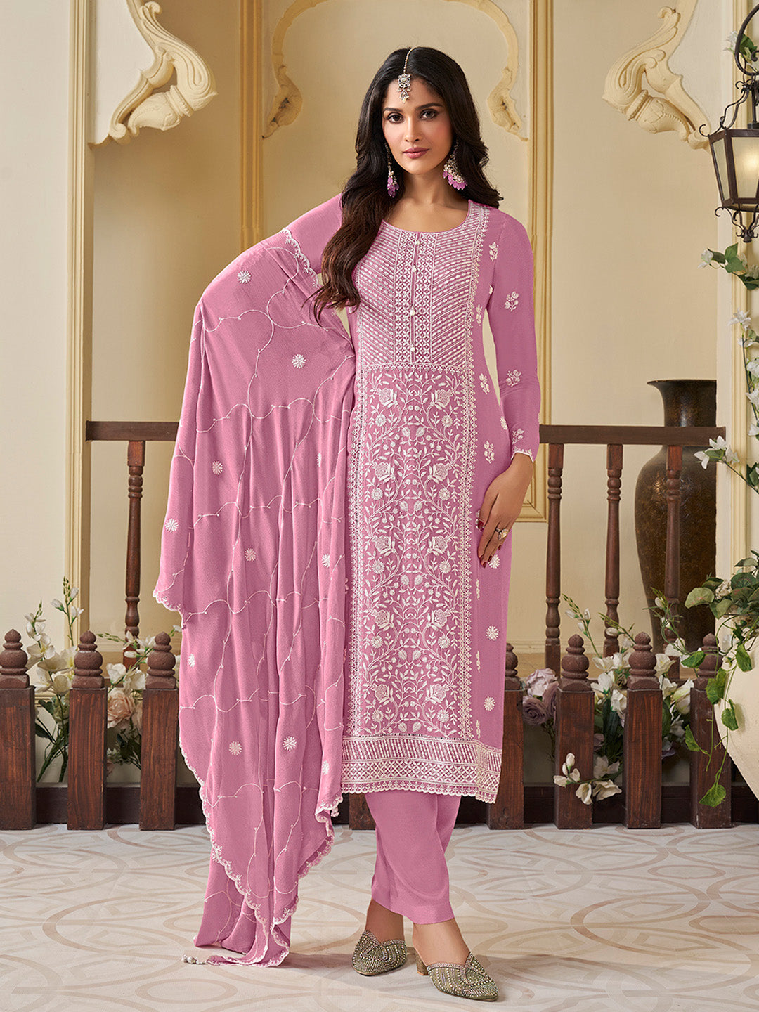 Purple Chinon Top with Thread Embroidery and Kurta Suit Set