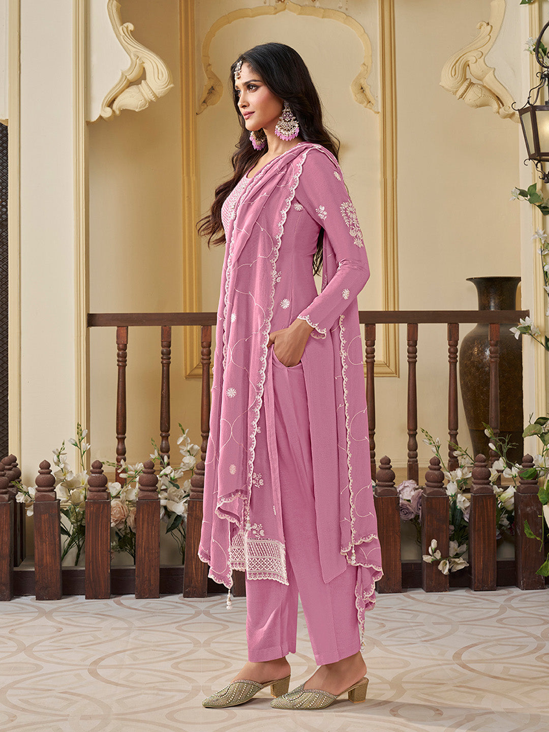 Purple Chinon Top with Thread Embroidery and Kurta Suit Set