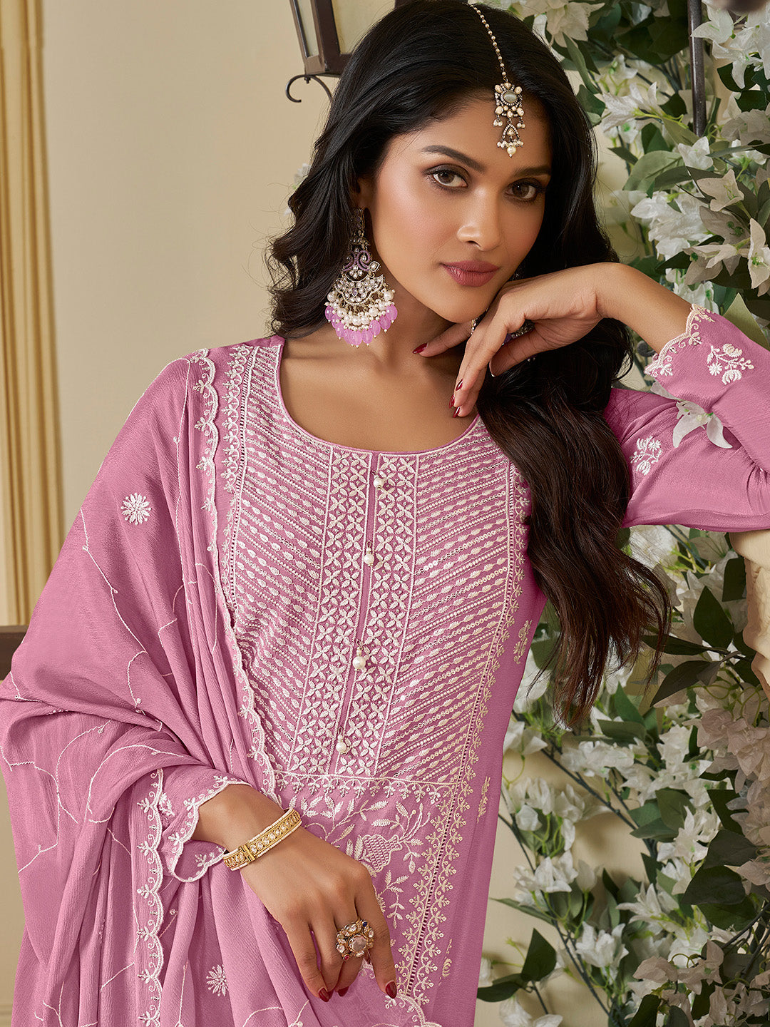 Purple Chinon Top with Thread Embroidery and Kurta Suit Set