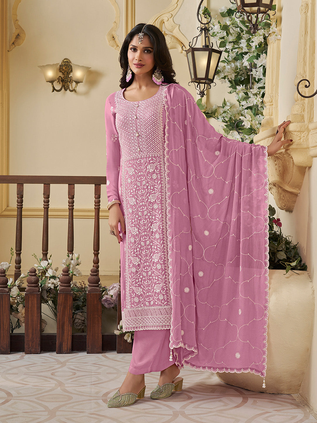 Purple Chinon Top with Thread Embroidery and Kurta Suit Set