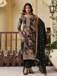Black Chinon Floral Printed Top with Embroidery Kurta Suit Set