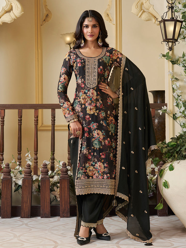 Black Chinon Floral Printed Top with Embroidery Kurta Suit Set