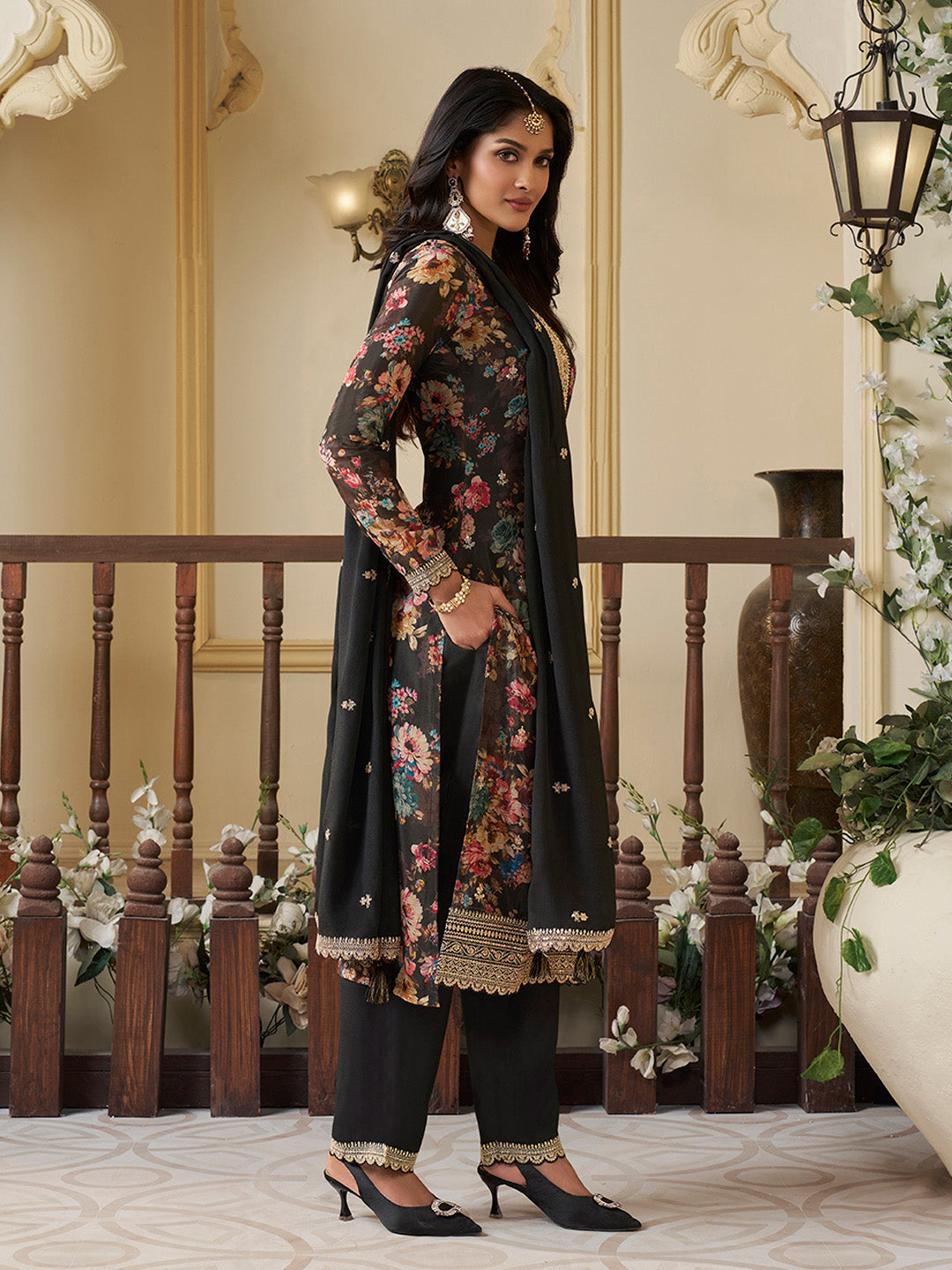 Black Chinon Floral Printed Top with Embroidery Kurta Suit Set