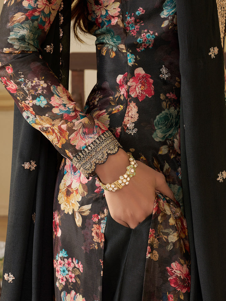 Black Chinon Floral Printed Top with Embroidery Kurta Suit Set