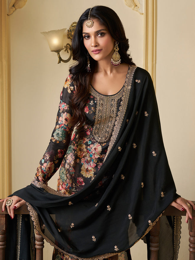 Black Chinon Floral Printed Top with Embroidery Kurta Suit Set