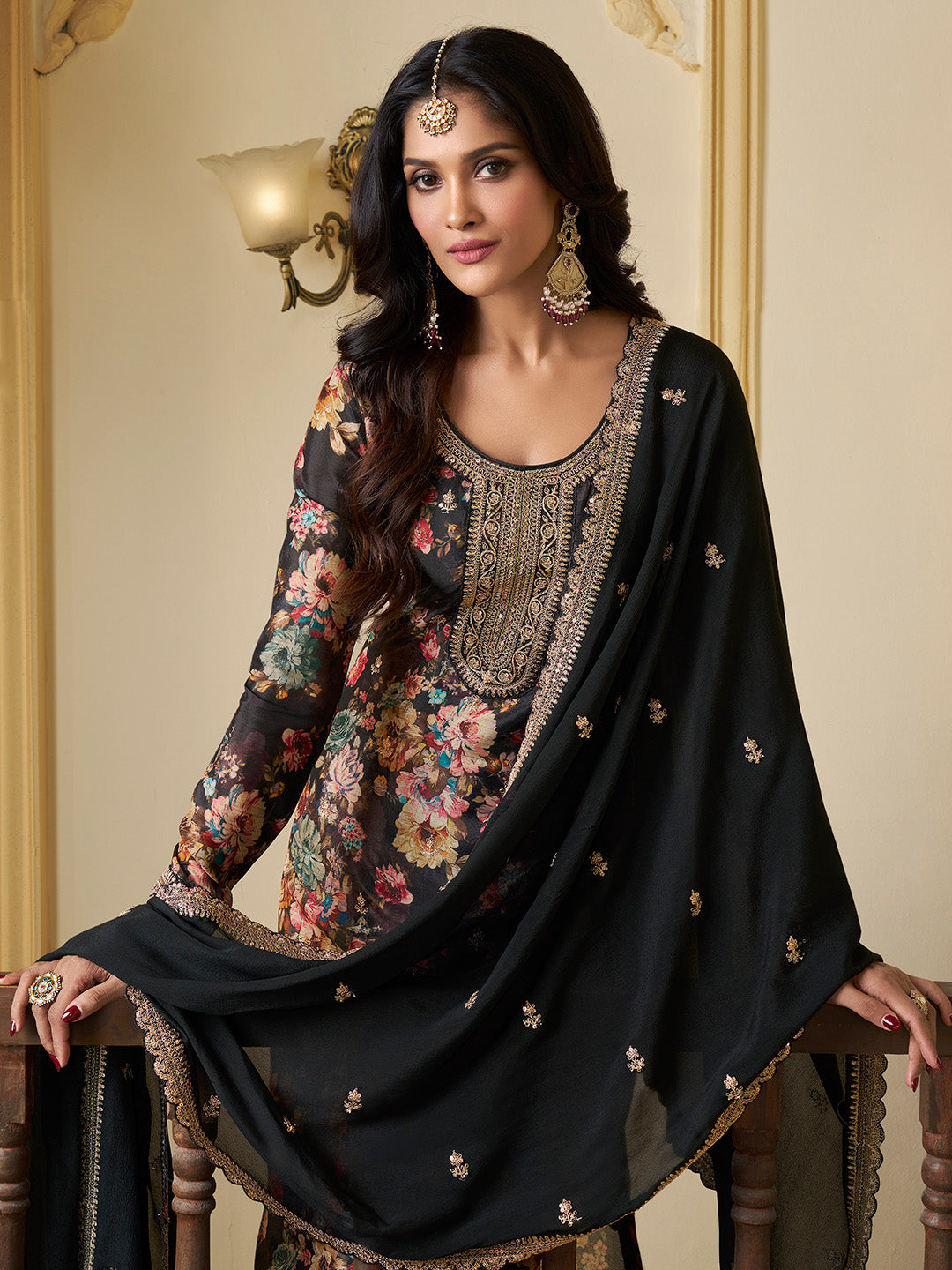 Black Chinon Floral Printed Top with Embroidery Kurta Suit Set