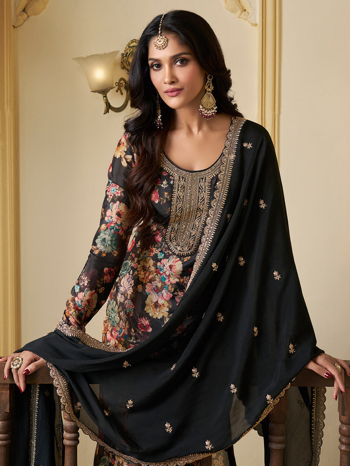 Black Chinon Floral Printed Top with Embroidery Kurta Suit Set
