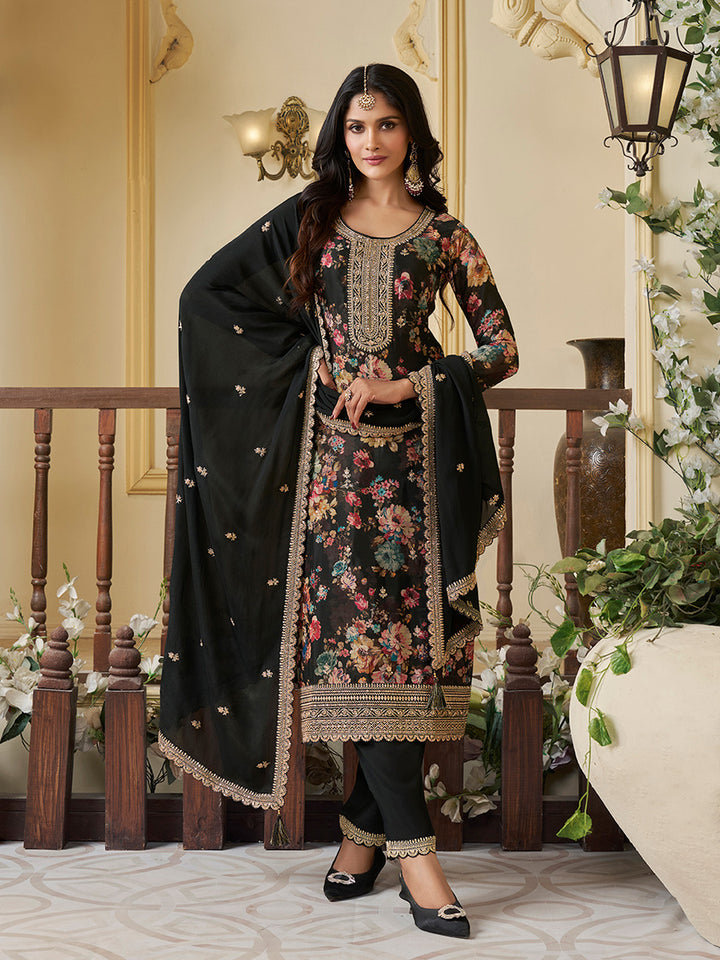 Black Chinon Floral Printed Top with Embroidery Kurta Suit Set