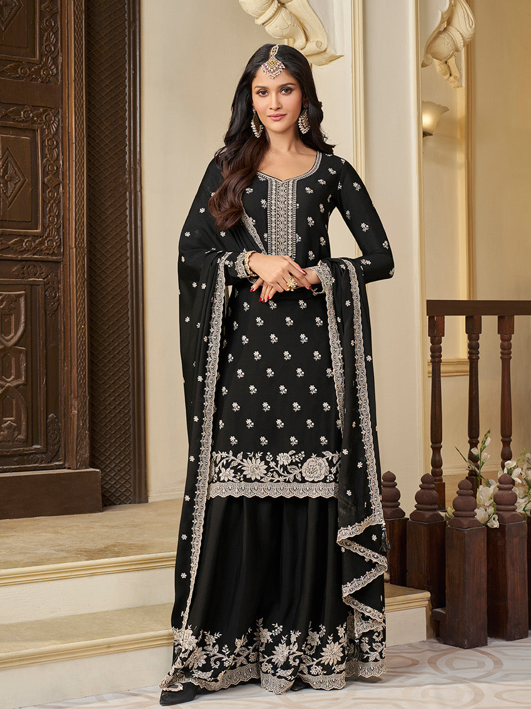 Black Chinon Top with Thread Embroidery and Sharara Suit Set