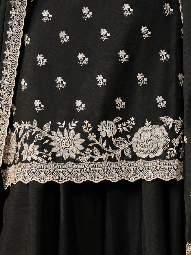 Black Chinon Top with Thread Embroidery and Sharara Suit Set