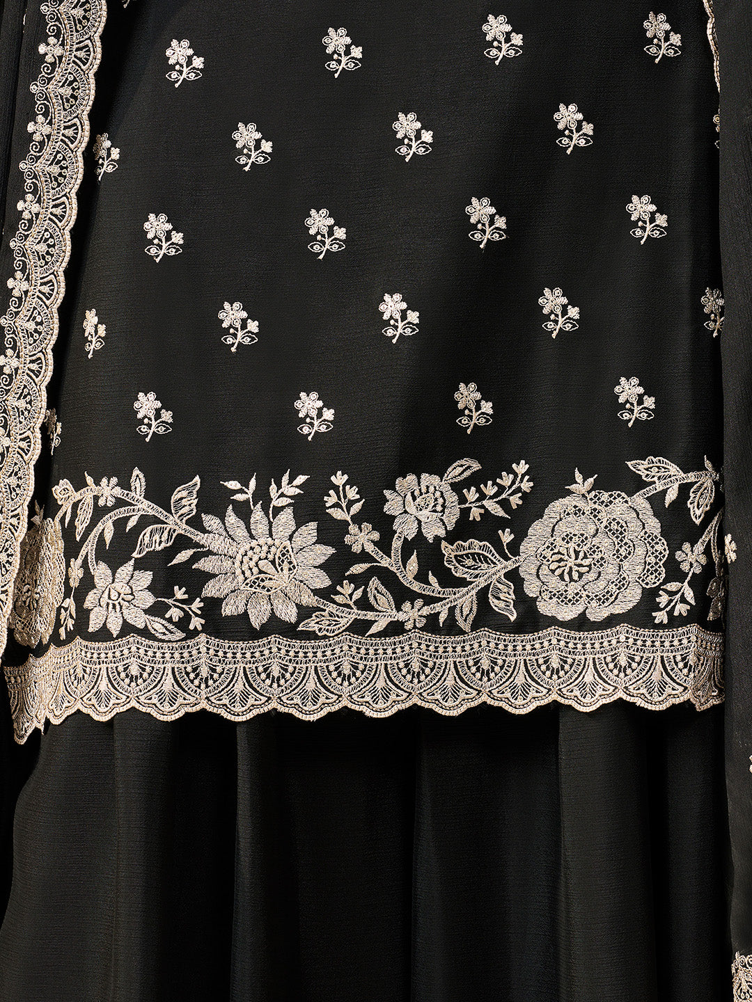 Black Chinon Top with Thread Embroidery and Sharara Suit Set