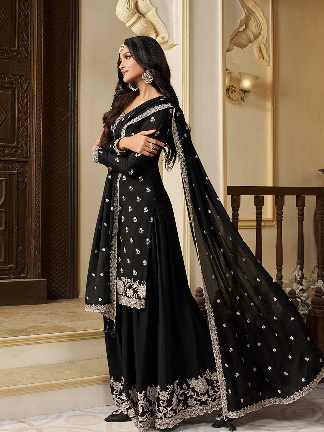 Black Chinon Top with Thread Embroidery and Sharara Suit Set