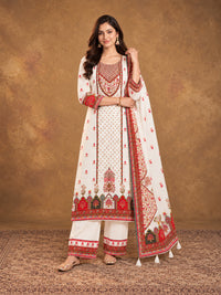 Off white  Floral Embroidered Cotton-Silk Kurta with Trousers & With Dupatta