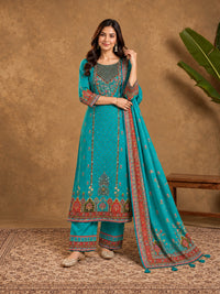 Turquoise Floral Embroidered Cotton-Silk Kurta with Trousers & With Dupatta