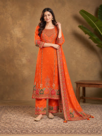 Orange Floral Embroidered Cotton-Silk Kurta with Trousers & With Dupatta