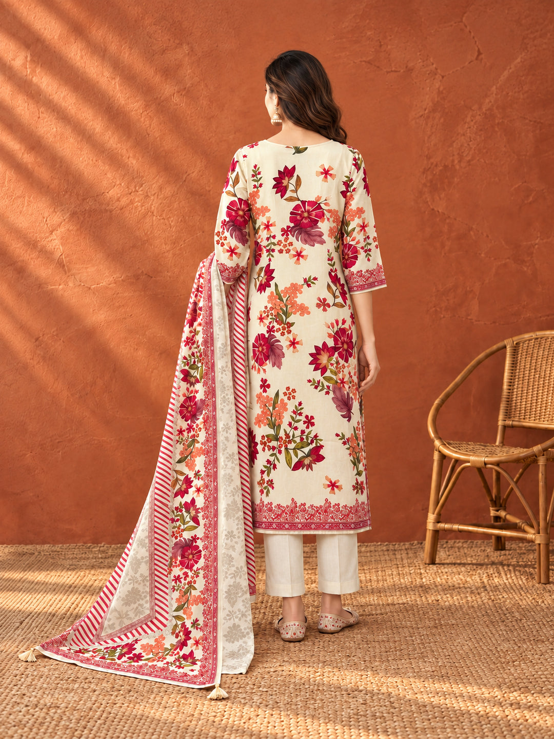 Ivory Floral Printed Kurta Set with Dupatta