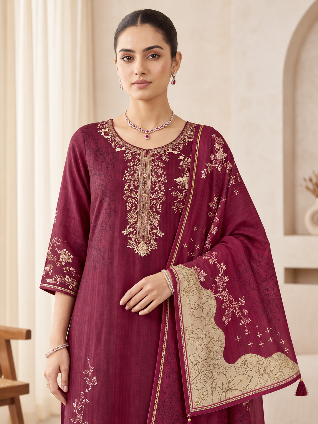 Women's Wine Floral Kurta Set with Dupatta