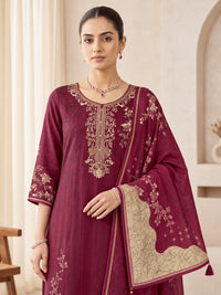 Women's Wine Floral Kurta Set with Dupatta