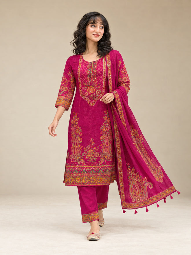 Women Rani-Pink Floral Embroidered Cotton-Silk Kurta with Trousers & With Dupatta