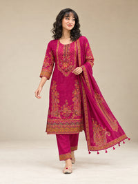 Women Rani-Pink Floral Embroidered Cotton-Silk Kurta with Trousers & With Dupatta