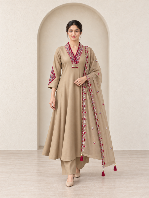 Beige Chanderi Silk Embroidered Anarkali Suit with Dupatta
