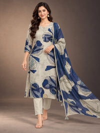 Women's Beige & Navy Blue Printed Kurta Set with Dupatta