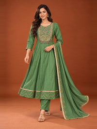 Green Embroidered Chanderi-Silk Anarkali Set with Dupatta