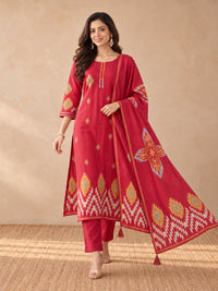 Women's Red Geometric Printed Kurta Set with Dupatta