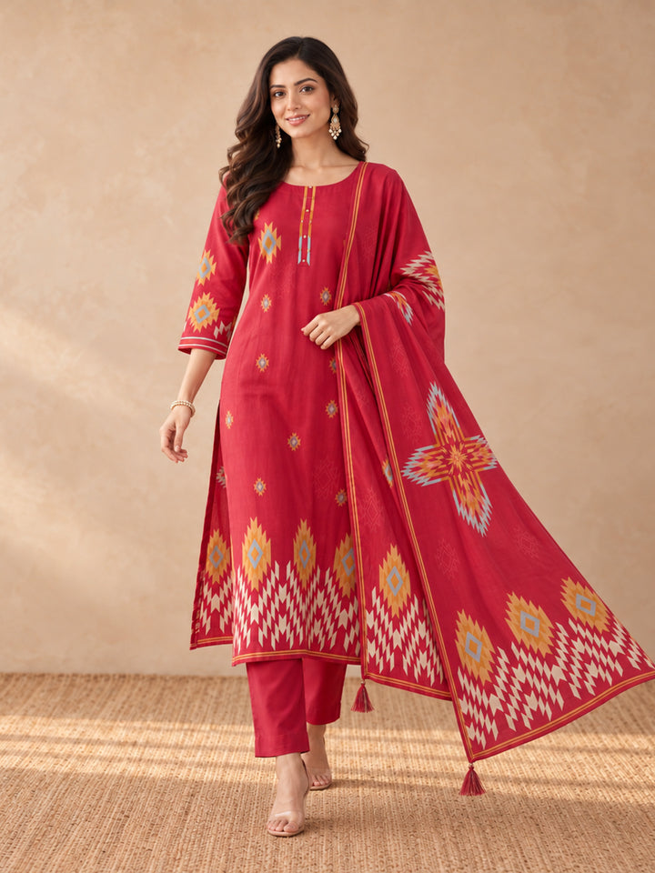 Women's Red Geometric Printed Kurta Set with Dupatta